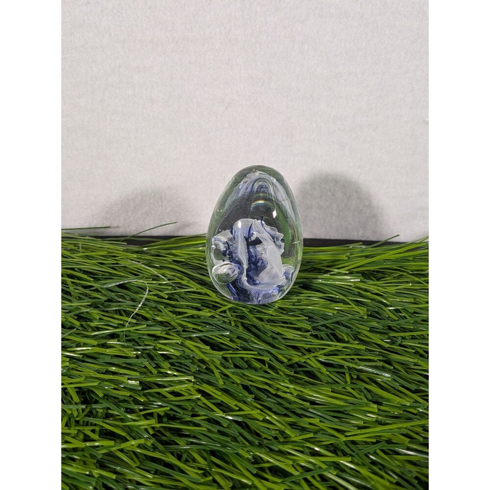 Vintage Blown Art Glass Egg Paperweight Cobalt Blue White Ribbon Swirl 2.75"